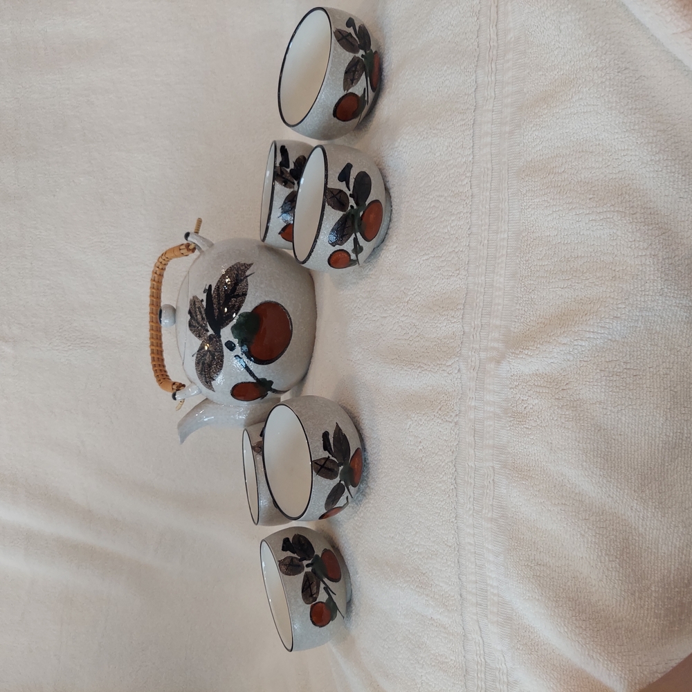 Japanese Gray Tea Set with Teapot 6 Cups Speckled Stoneware Red Black Accents